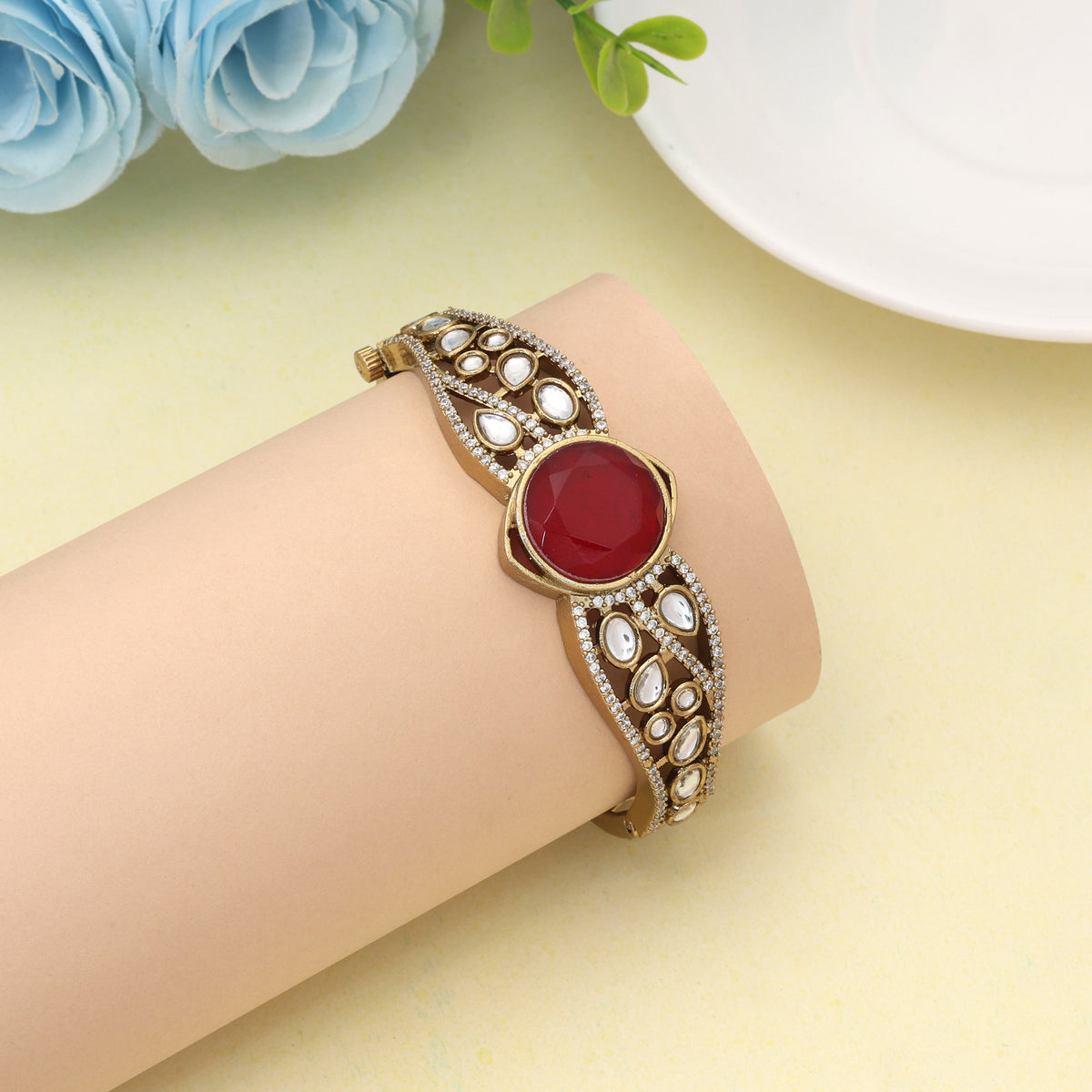 Dazzling Bright Red Color American Diamond Bracelet Perfect For Traditional Indian Outfits