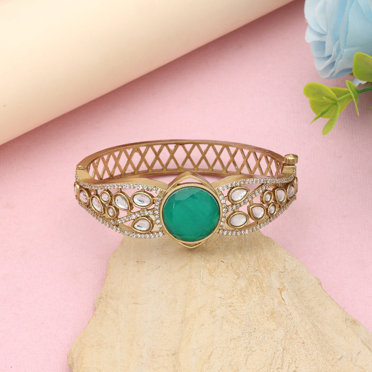 Exquisite Dark Green Color American Diamond Bracelet Designed For Festive Reception Wear