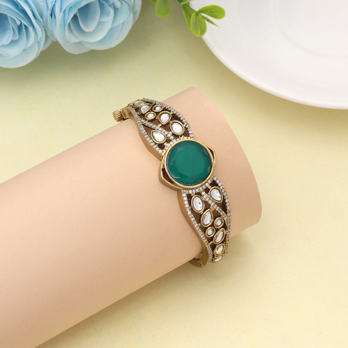 Exquisite Dark Green Color American Diamond Bracelet Designed For Festive Reception Wear