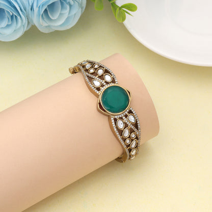 Exquisite Dark Green Color American Diamond Bracelet Designed For Festive Reception Wear