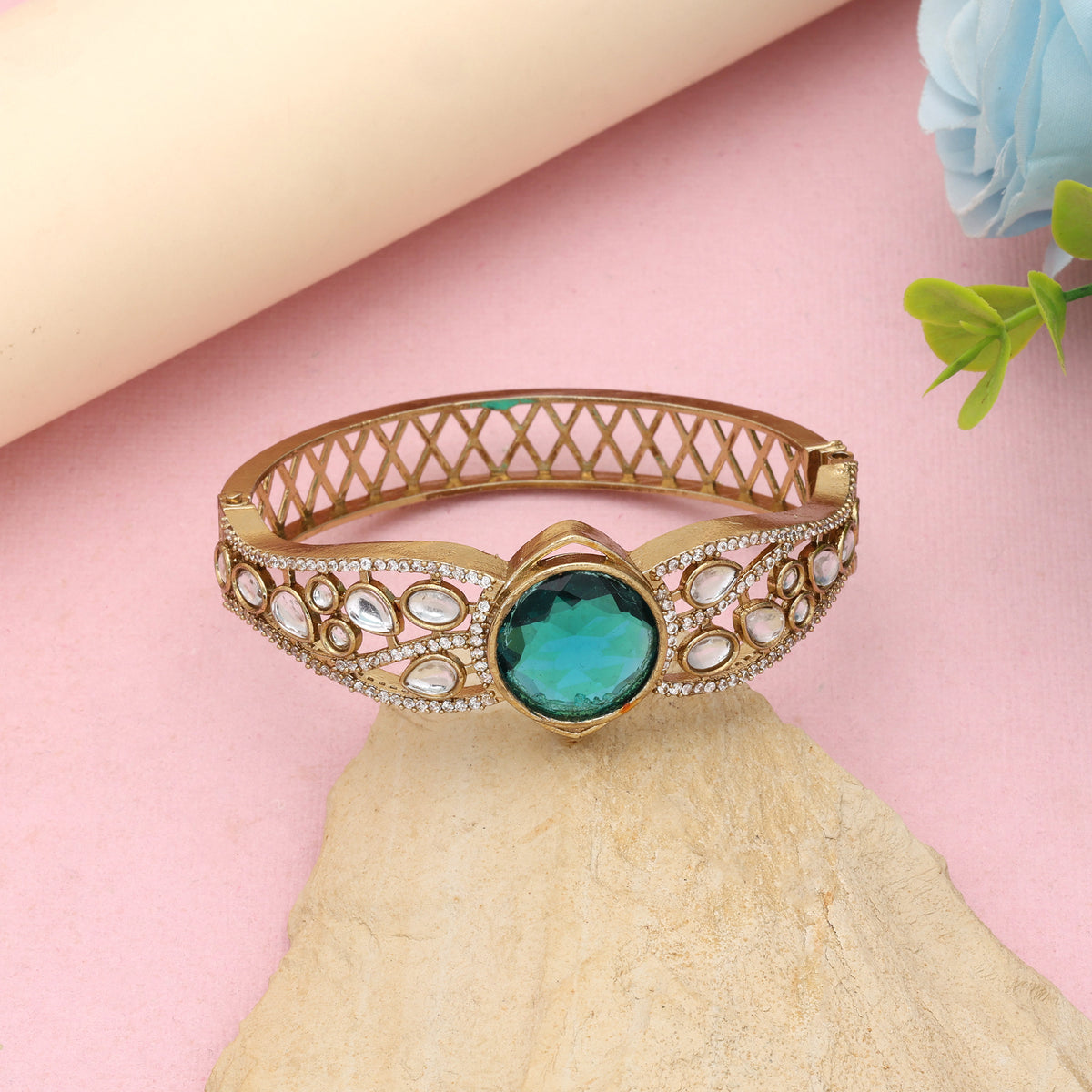 Vibrant Ocean Rama Green Color American Diamond Bracelet Styled For Wedding Functions