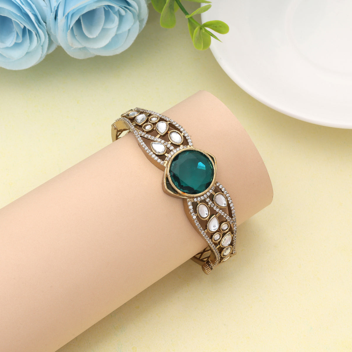 Vibrant Ocean Rama Green Color American Diamond Bracelet Styled For Wedding Functions