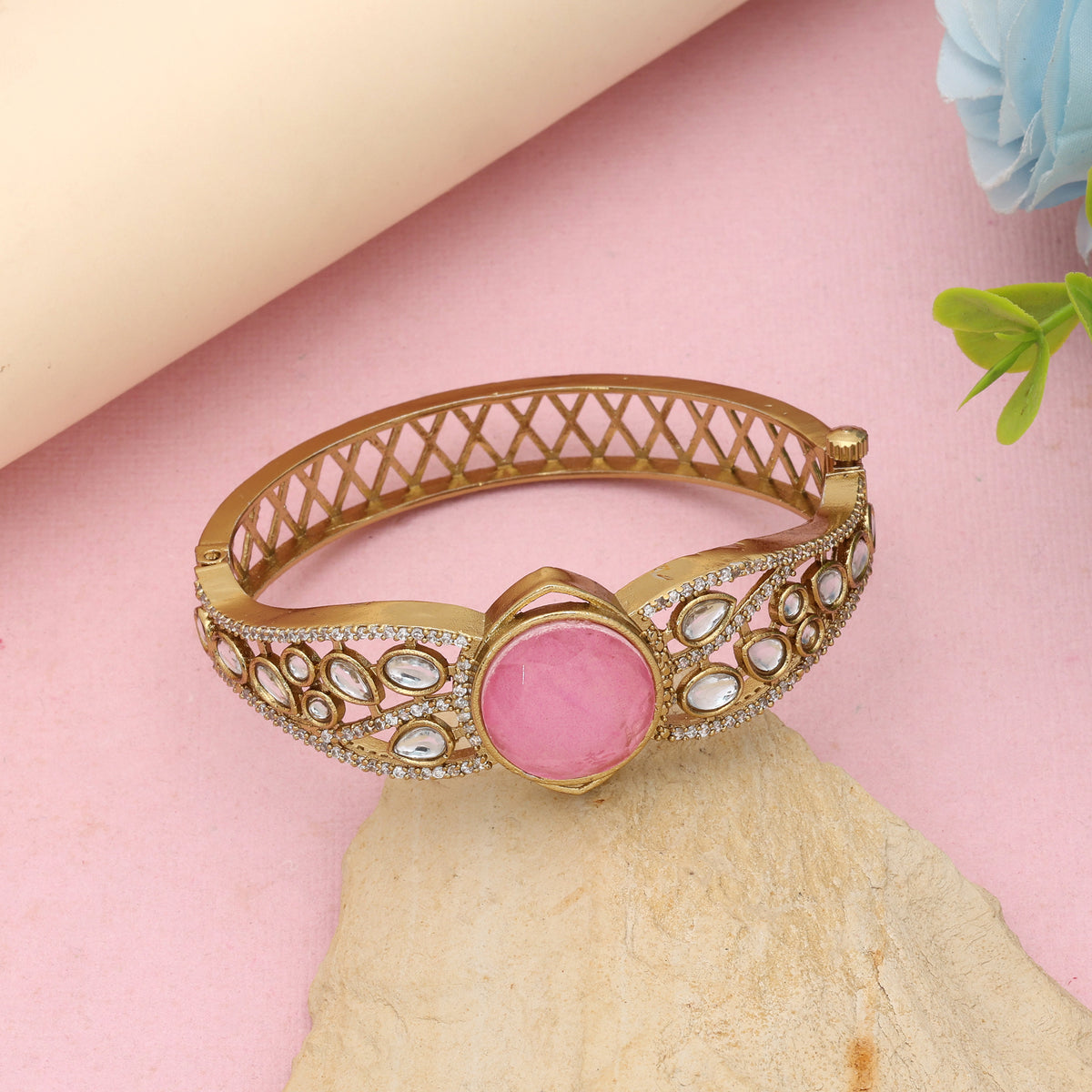 Lovely Hot Pink Color American Diamond Bracelet Specially Designed For Sangeet Parties