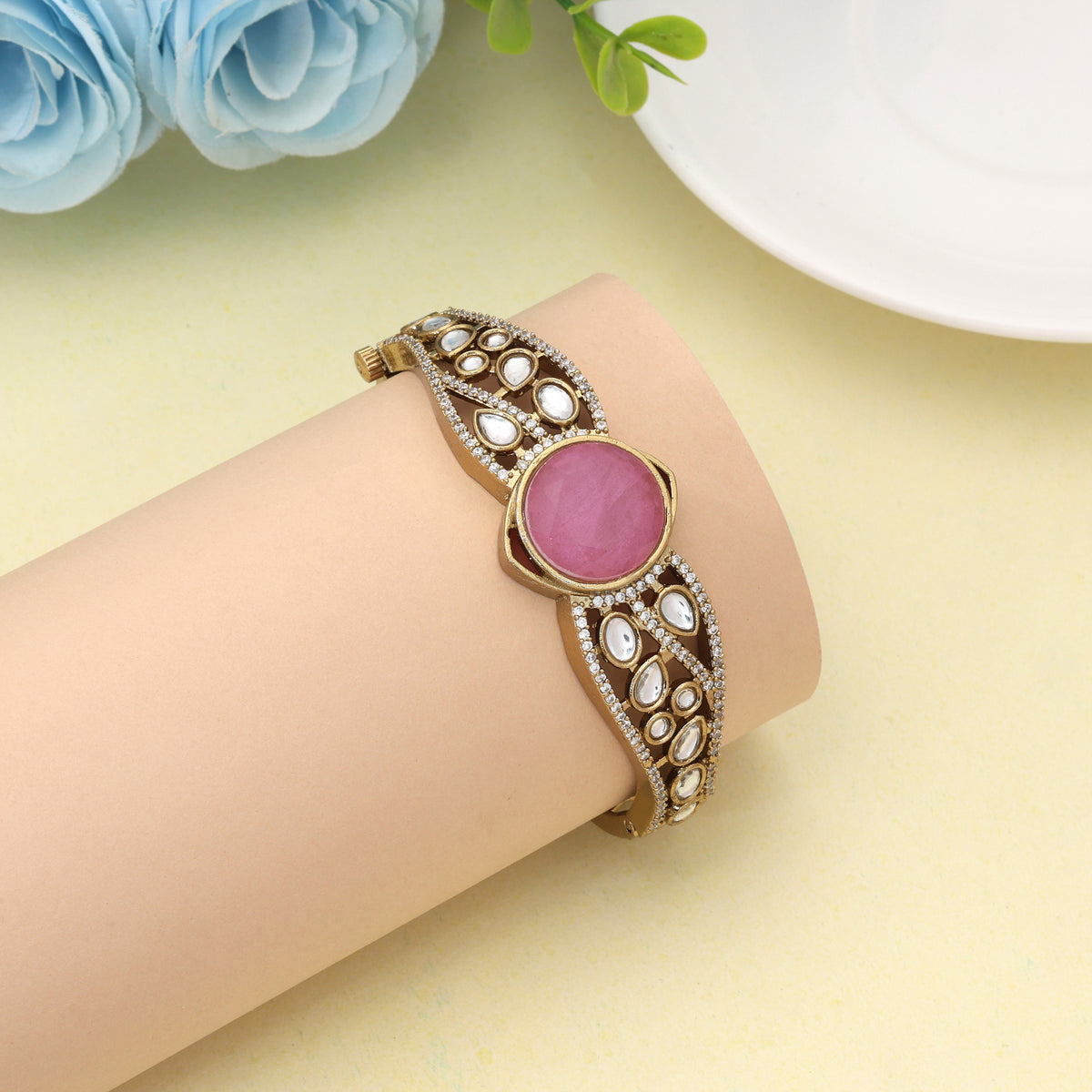 Lovely Hot Pink Color American Diamond Bracelet Specially Designed For Sangeet Parties