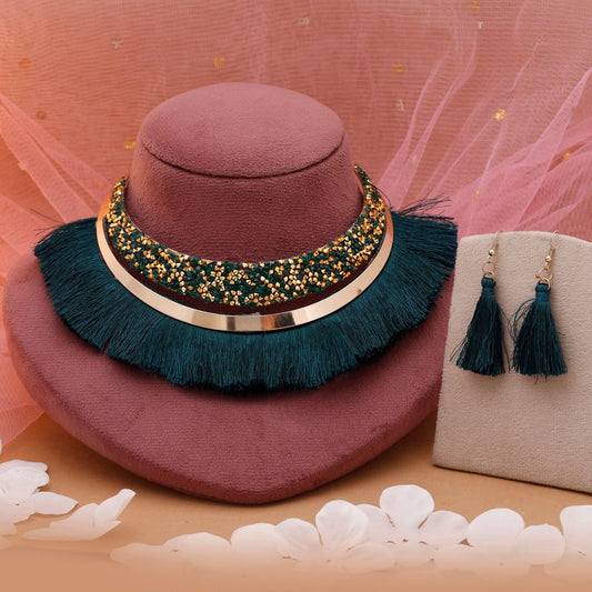 Green Color Fashion Hansli Necklace Set Designed For Modern Traditional Looks