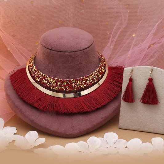 Maroon Color Fashion Hansli Necklace Set Featuring Royal Finish