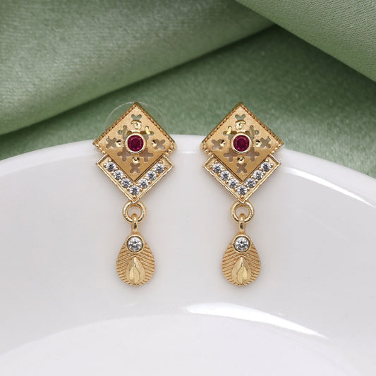 Gold Color Antique Earrings Featuring Detailed Motifs And Antique Polish Finish