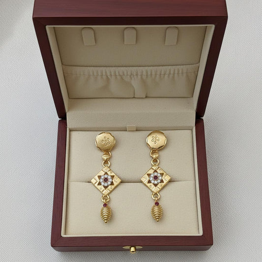 Gold Color Antique Earrings Showcasing Detailed Artistry And Traditional Elegance