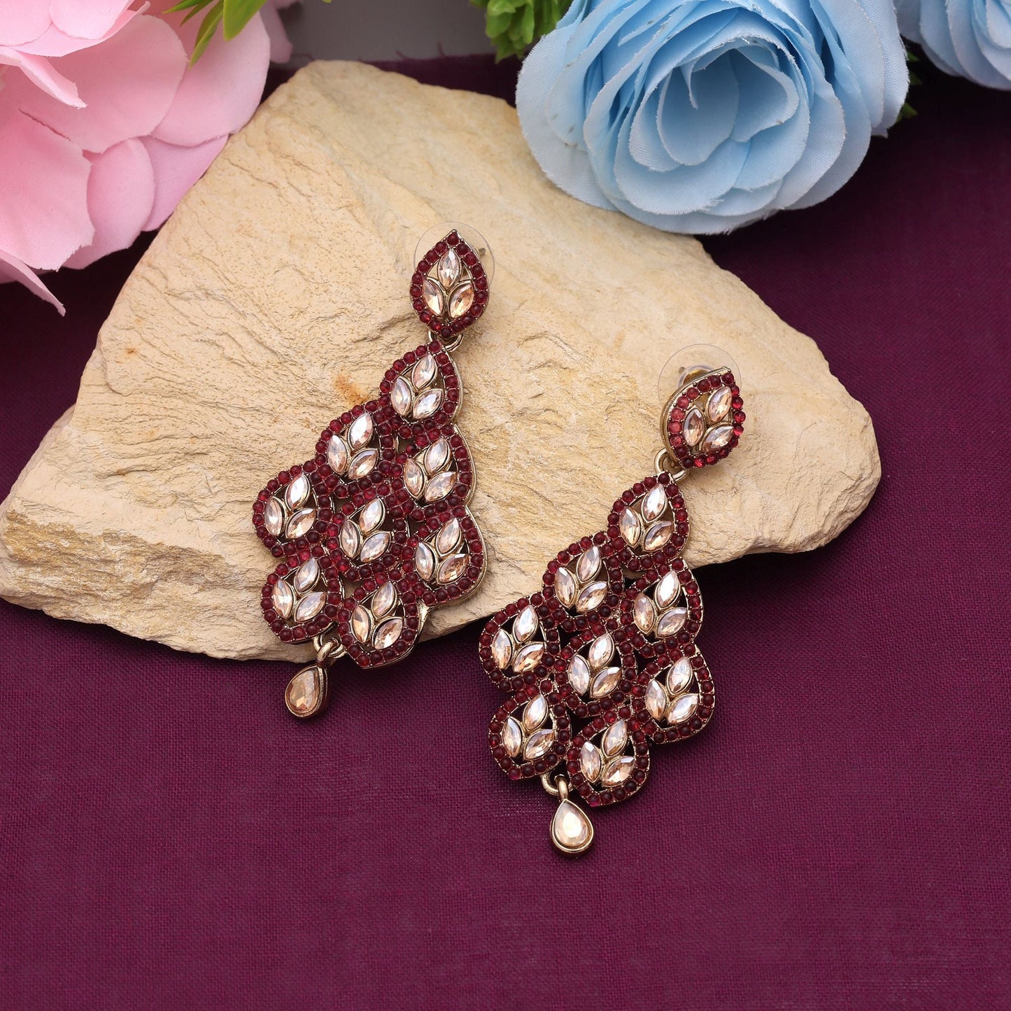 Magenta Color Matte Gold Earrings With Antique Inspired Detailing For Festive Elegance