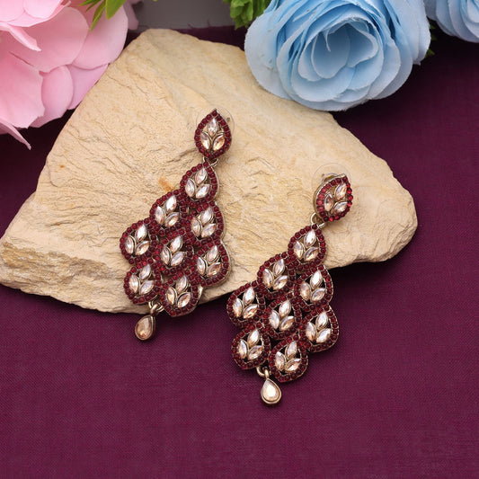 Magenta Color Matte Gold Earrings With Antique Inspired Detailing For Festive Elegance