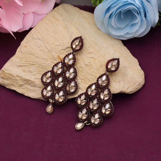 Maroon Color Matte Gold Earrings Inspired By Antique Jewellery For Rich Festive Appeal