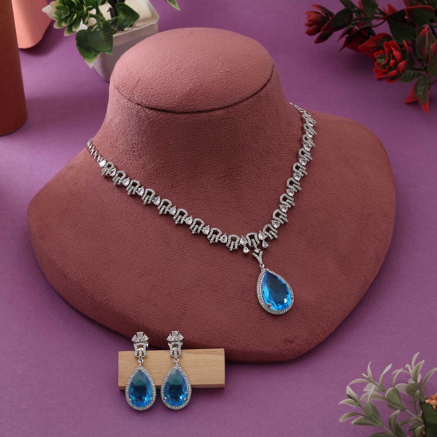 Firozi Color Beautiful Designer American Diamond Necklace Set For Festive And Cultural Events
