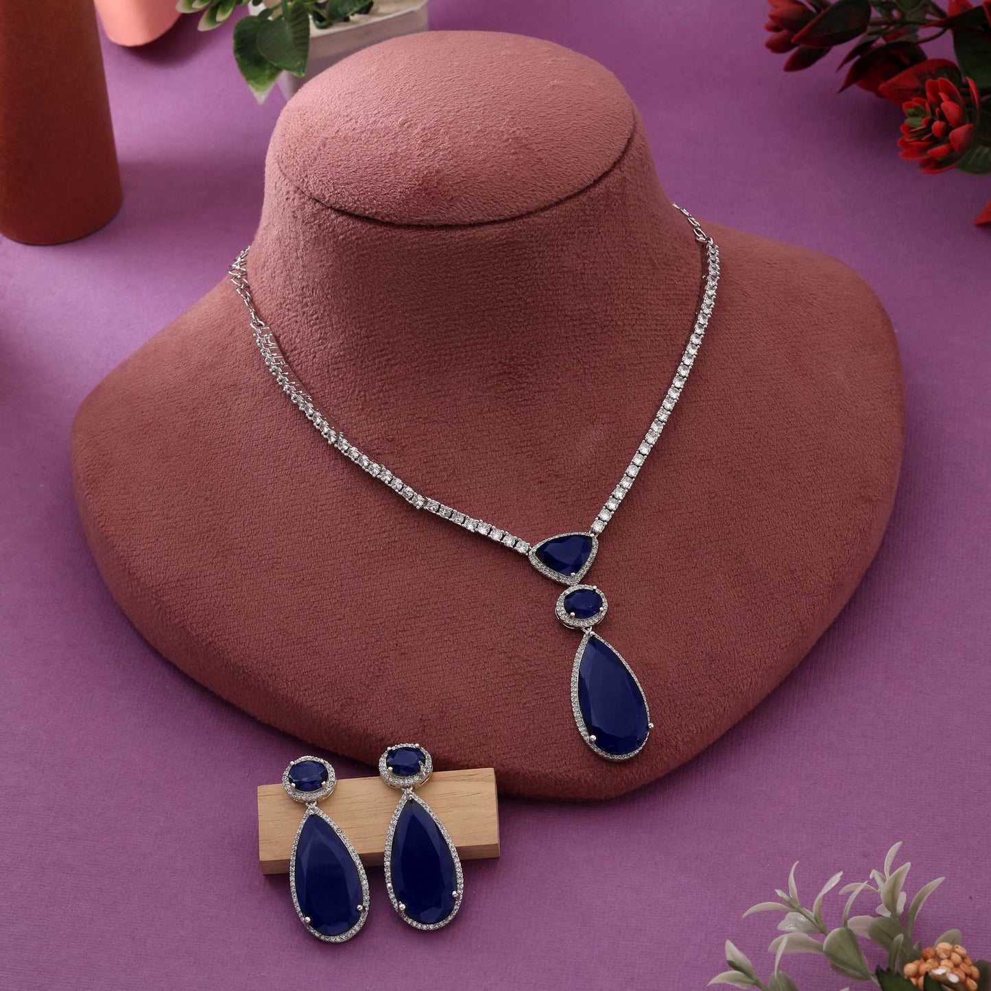 Blue Color Classic Round Cut American Diamond Necklace Set For Elegant Party Wear