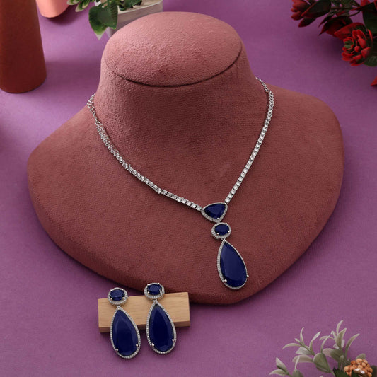 Blue Color Classic Round Cut American Diamond Necklace Set For Elegant Party Wear