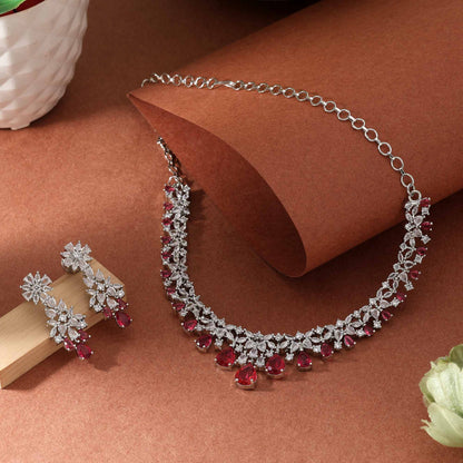 Rubinrotes Premium Shine American Diamond Halsketten-Set für Hochzeiten und ethnische Kleidung