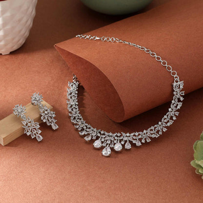 Silver Color Stylish Handcrafted American Diamond Necklace Set For Modern Bridal Jewelry