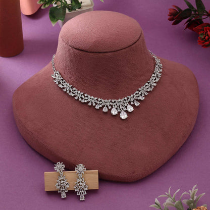 Silver Color Stylish Handcrafted American Diamond Necklace Set For Modern Bridal Jewelry
