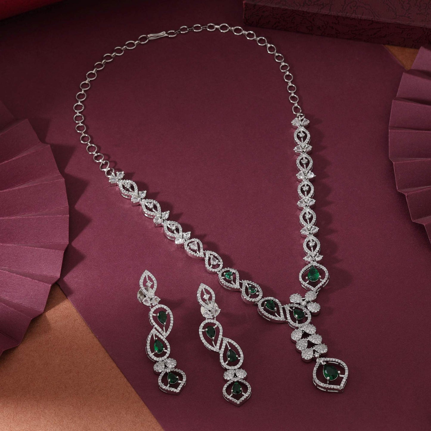 Green Color Traditional Sparkling American Diamond Necklace Set For Wedding And Cultural Look