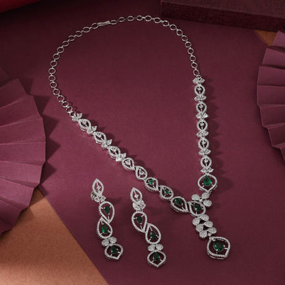 Green Color Traditional Sparkling American Diamond Necklace Set For Wedding And Cultural Look