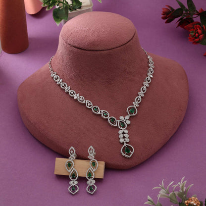 Green Color Traditional Sparkling American Diamond Necklace Set For Wedding And Cultural Look