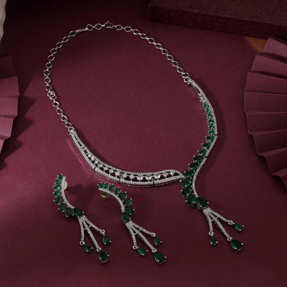 Green Color Elegant Bridal American Diamond Necklace Set For Women’S Festive Jewelry