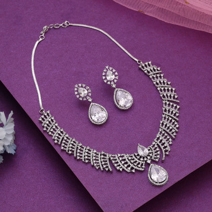 Silver Color American Diamond Necklace Set With Premium Sparkle For Special Events
