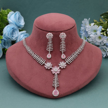 Pink Color American Diamond Necklace Set Designed For Soft Elegant Traditional Styling
