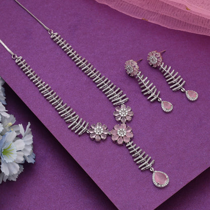 Pink Color American Diamond Necklace Set Designed For Soft Elegant Traditional Styling