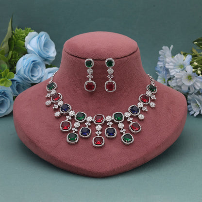 Multi Color American Diamond Necklace Set Blending Vibrant Stones With Premium Finish