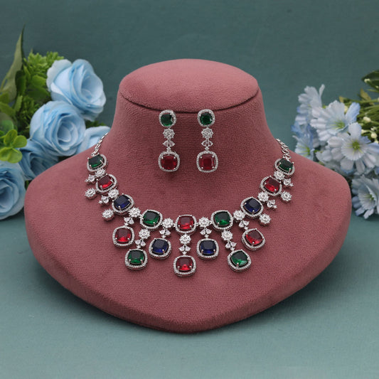 Multi Color American Diamond Necklace Set Blending Vibrant Stones With Premium Finish