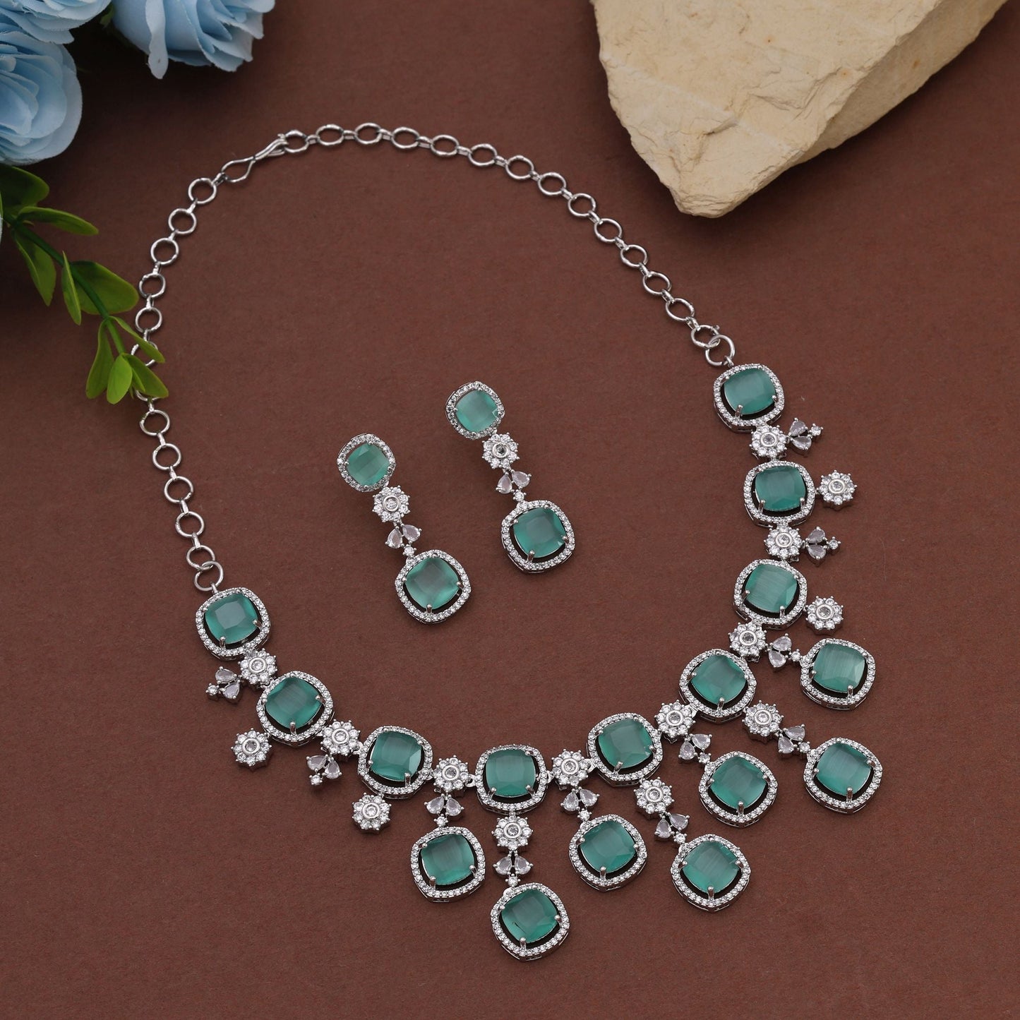 Pista Green Color American Diamond Necklace Set Featuring Subtle Elegance And Charm