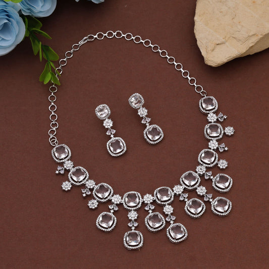 Silver Color American Diamond Necklace Set Designed For Modern Traditional Jewellery Lovers