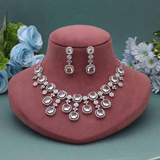 Silver Color American Diamond Necklace Set Designed For Modern Traditional Jewellery Lovers