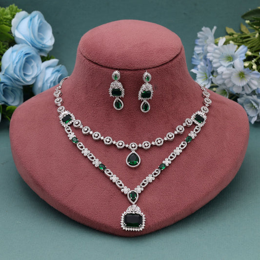 Green Color American Diamond Necklace Set With Sparkling Finish For Celebration Wear