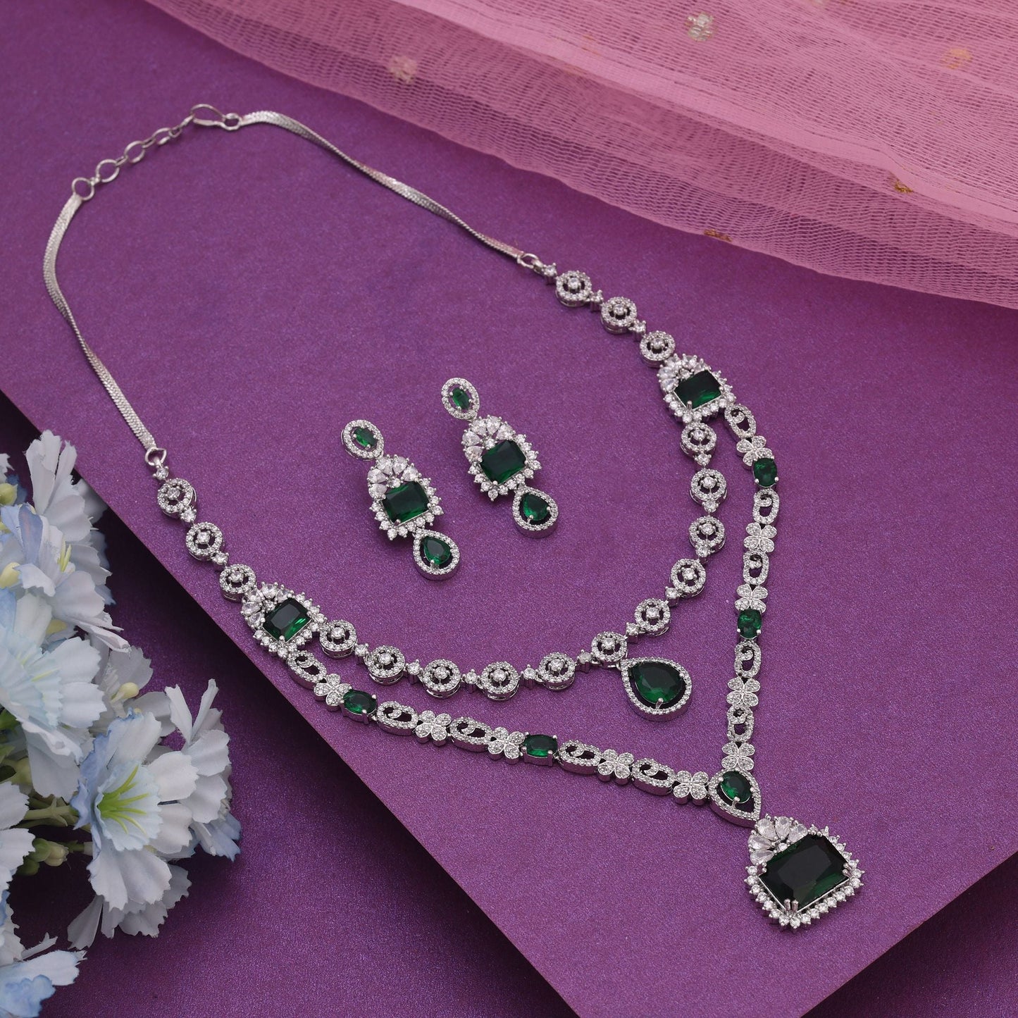 Green Color American Diamond Necklace Set With Sparkling Finish For Celebration Wear