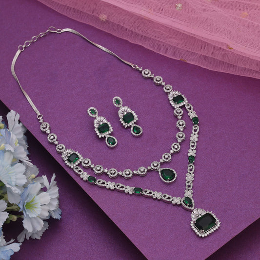 Green Color American Diamond Necklace Set With Sparkling Finish For Celebration Wear
