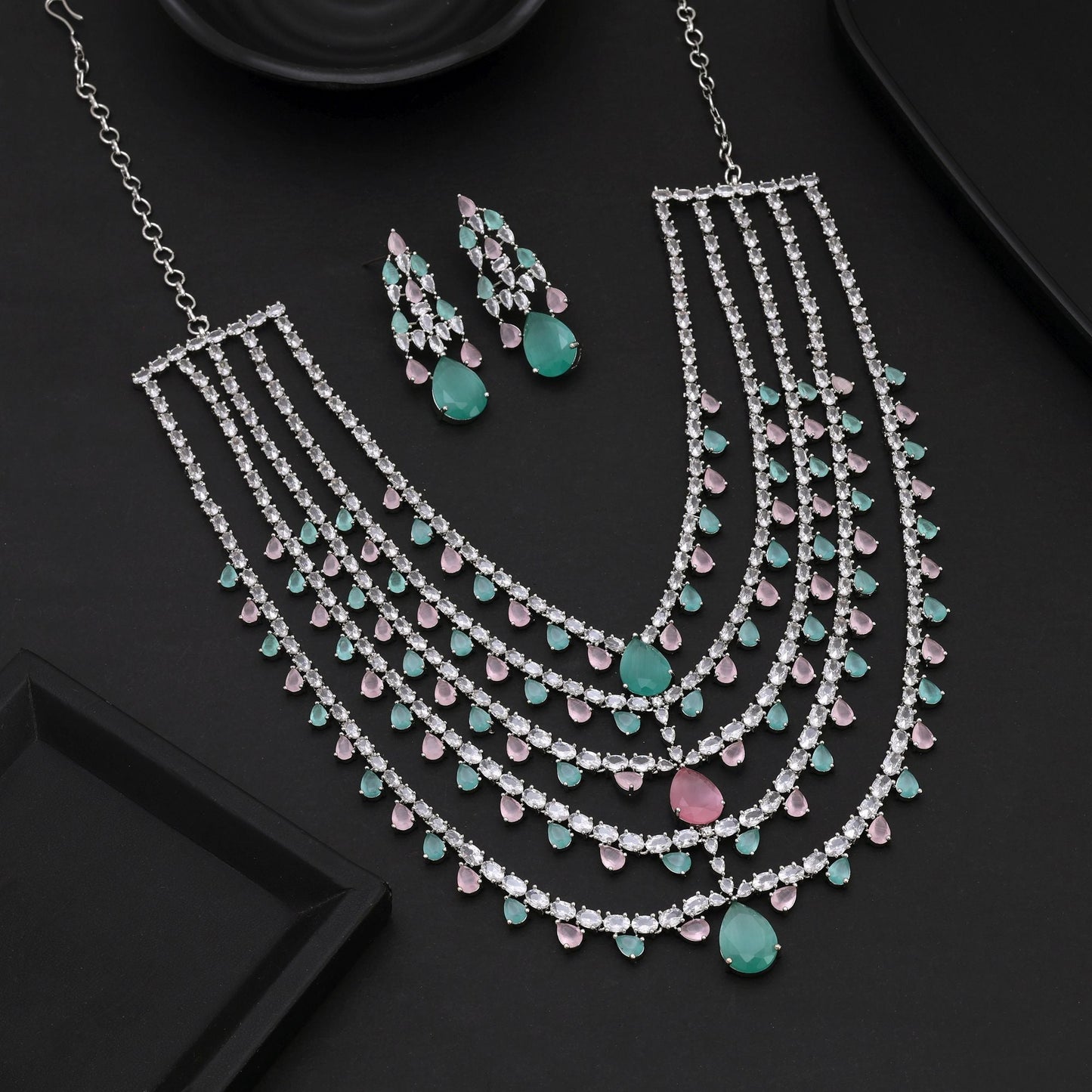 Pink & Pista Green Color American Diamond Necklace Set With Dual Tone Elegance