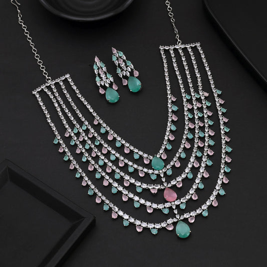 Pink & Pista Green Color American Diamond Necklace Set With Dual Tone Elegance
