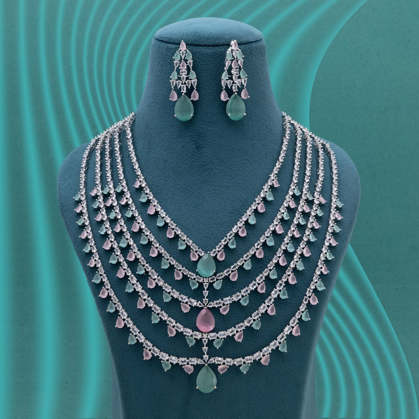 Pink & Pista Green Color American Diamond Necklace Set With Dual Tone Elegance