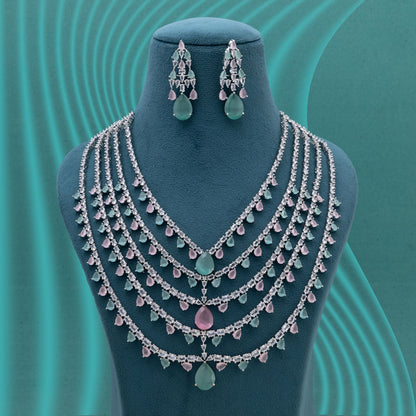 Pink & Pista Green Color American Diamond Necklace Set With Dual Tone Elegance