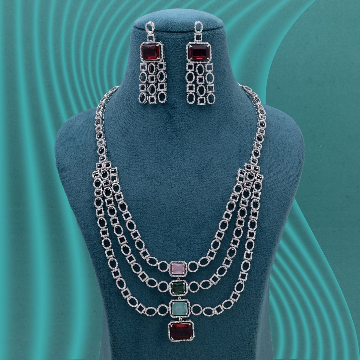 Multi Color American Diamond Necklace Set Designed For Vibrant Festive Jewellery Styling