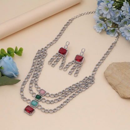 Multi Color American Diamond Necklace Set Designed For Vibrant Festive Jewellery Styling