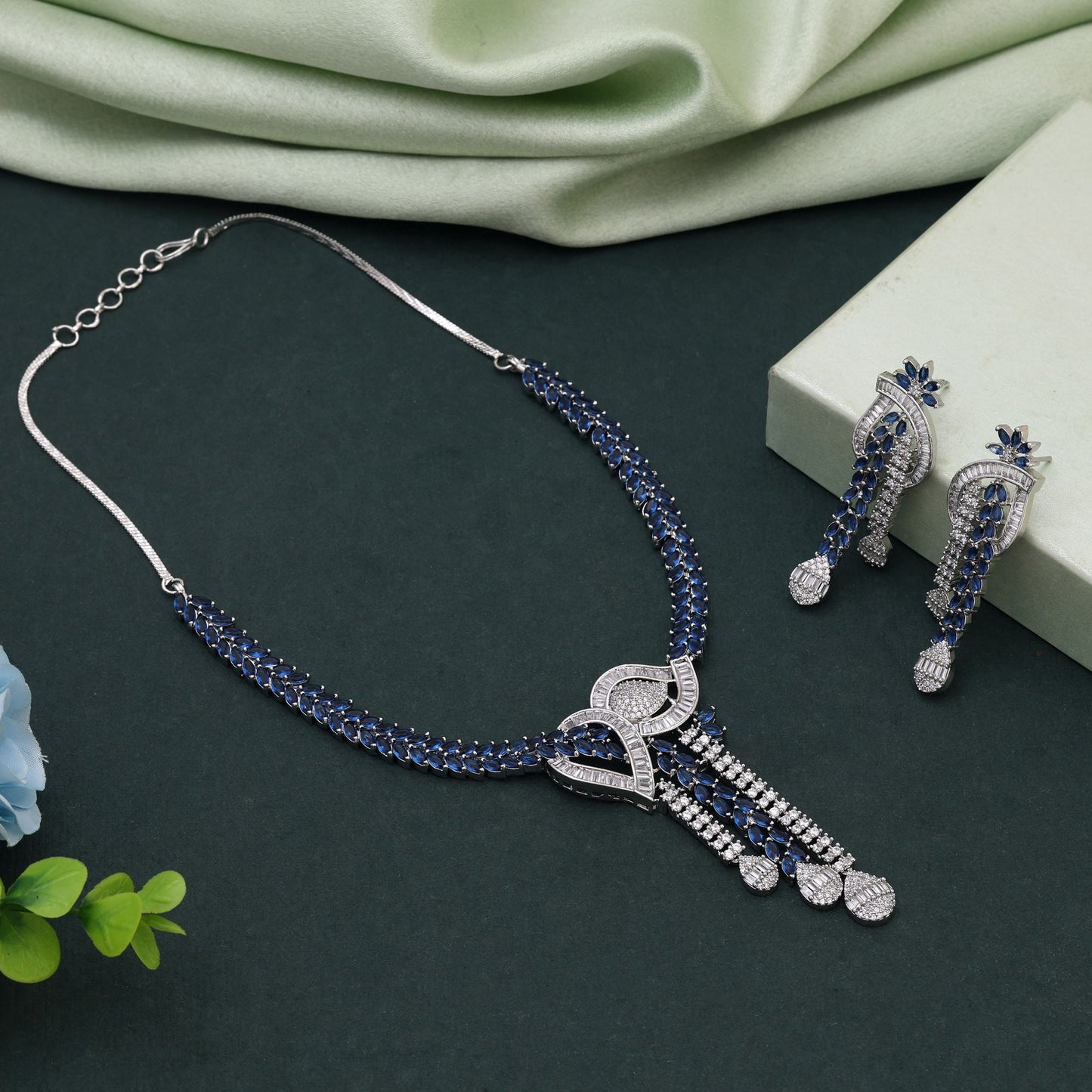 Blue Color American Diamond Necklace Set Crafted For Stylish Evening And Party Looks