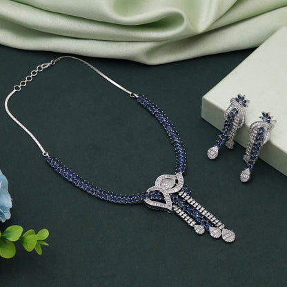 Blue Color American Diamond Necklace Set Crafted For Stylish Evening And Party Looks