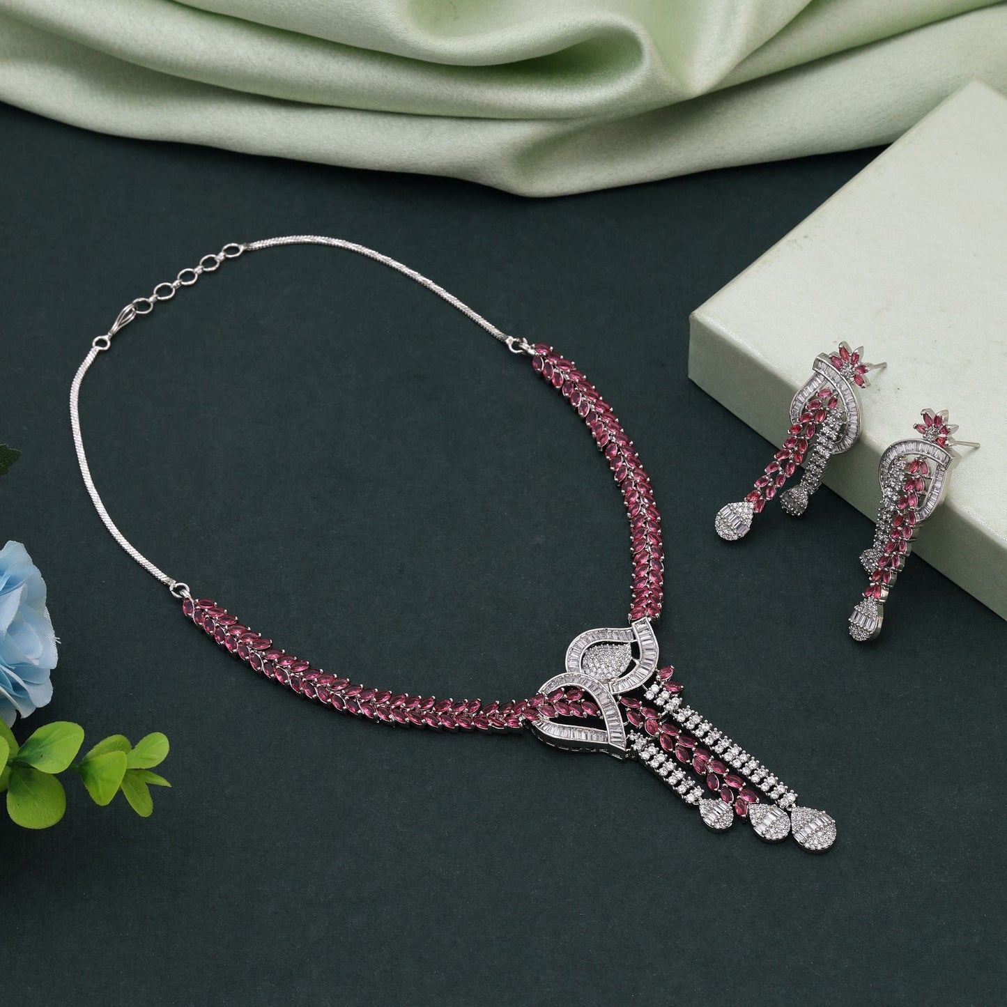 Rani Color American Diamond Necklace Set Featuring Elegant Design For Wedding Functions