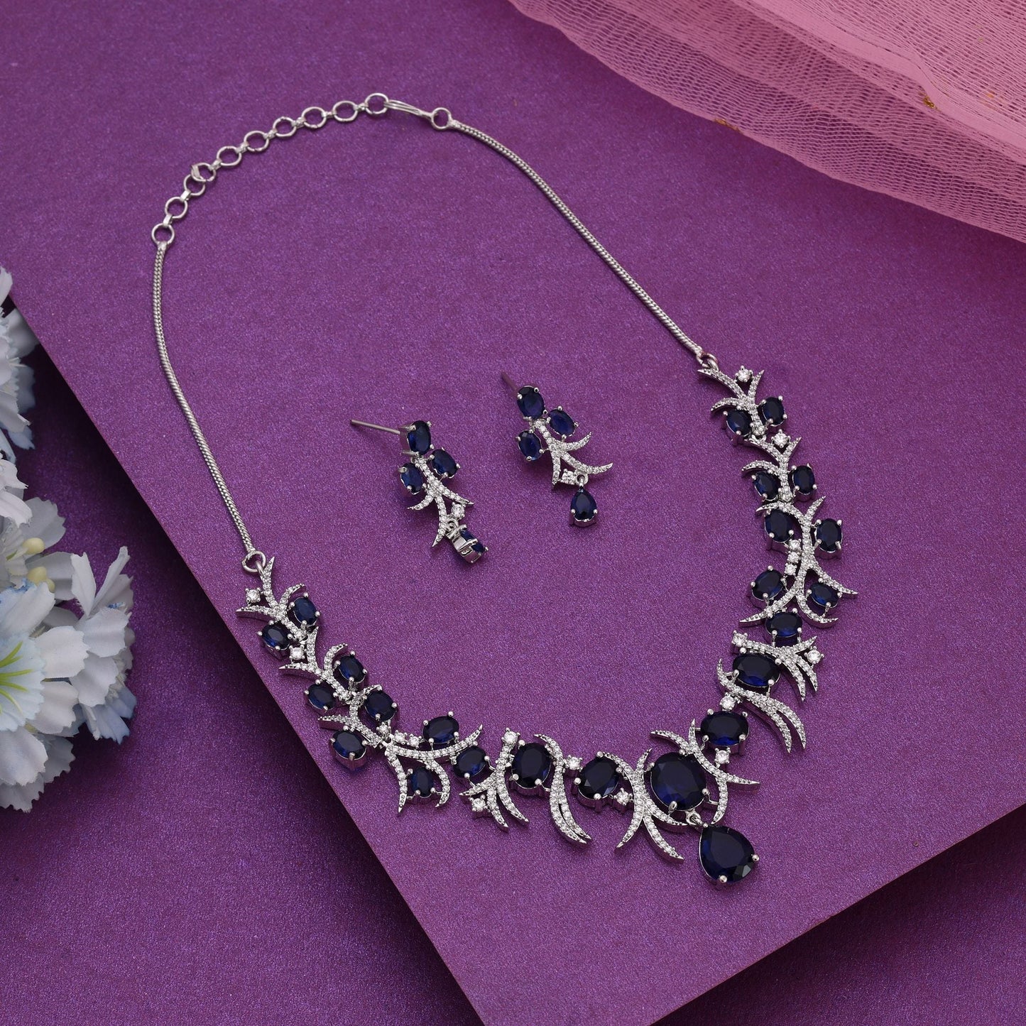 Blue Color American Diamond Necklace Set Styled For Contemporary Traditional Fashion