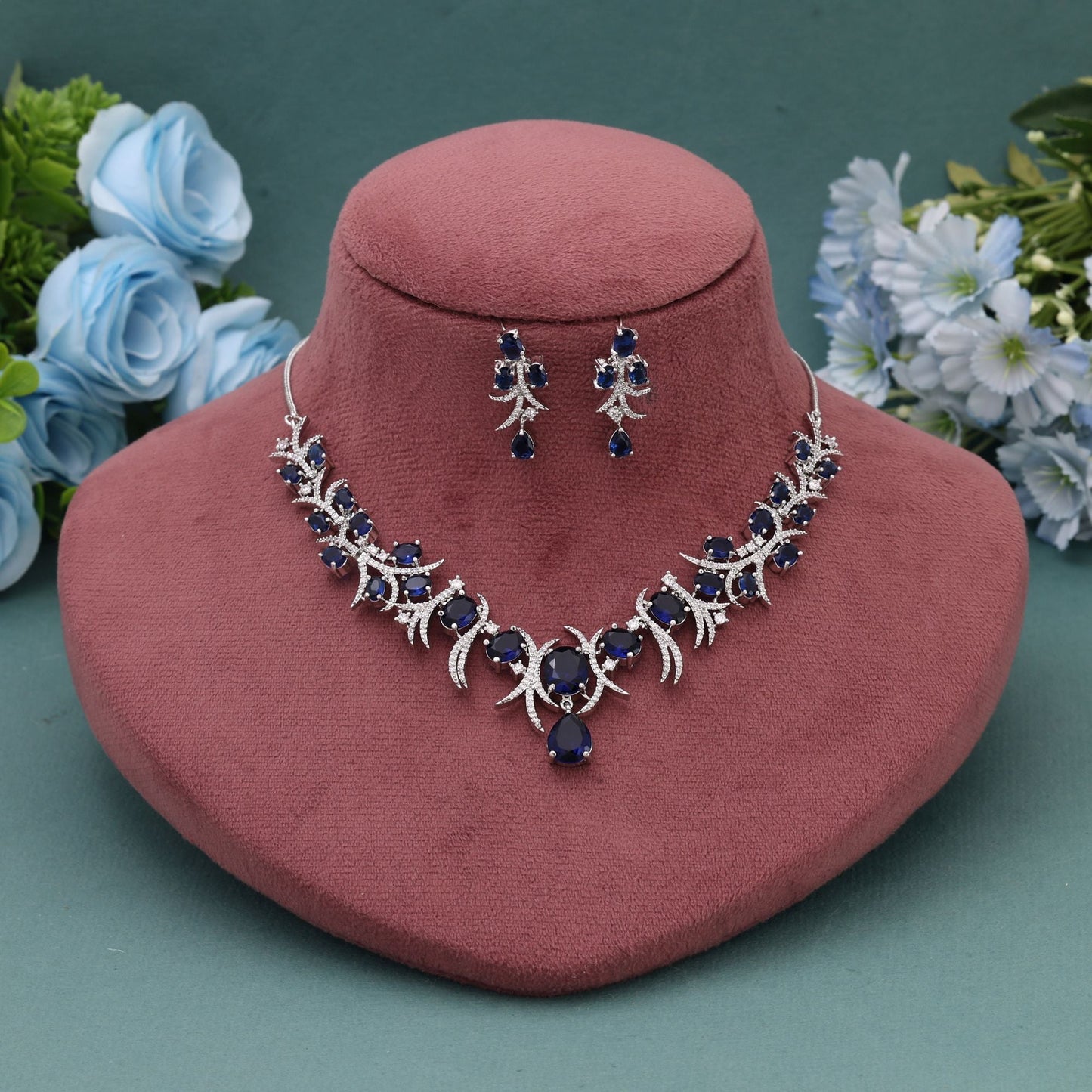 Blue Color American Diamond Necklace Set Styled For Contemporary Traditional Fashion