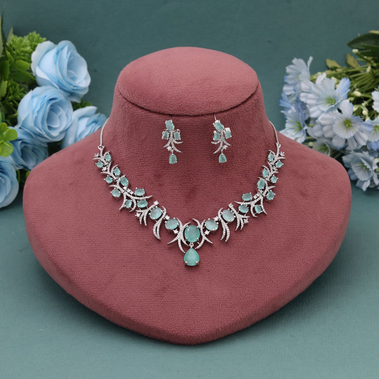 Pista Green Color American Diamond Necklace Set Designed For Graceful Ethnic Styling