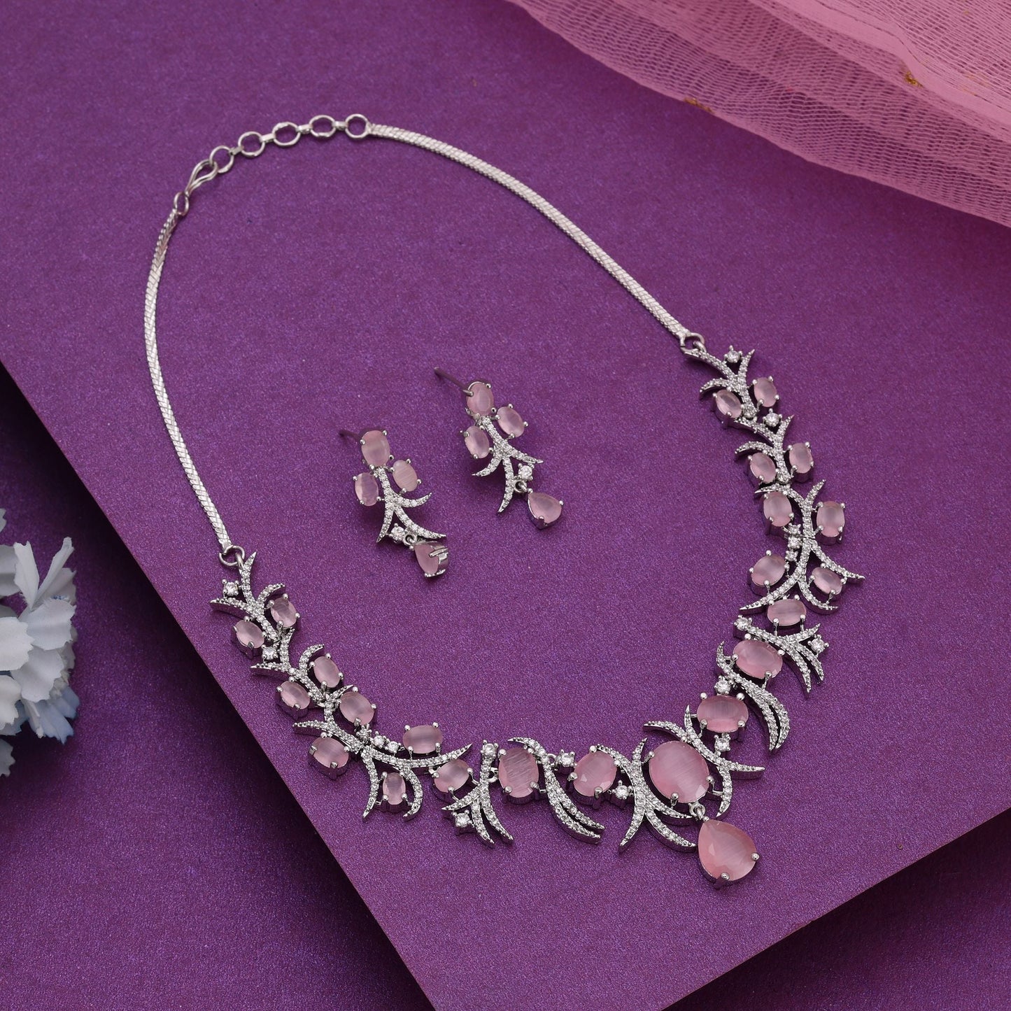 Pink Color American Diamond Necklace Set Designed To Complement Elegant Ethnic Outfits