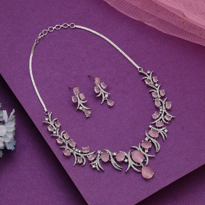 Pink Color American Diamond Necklace Set Designed To Complement Elegant Ethnic Outfits